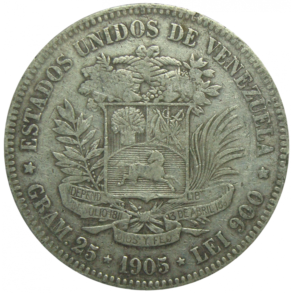 Moneda Plata 5 Bolivares Fuerte 1905 - Numisfila