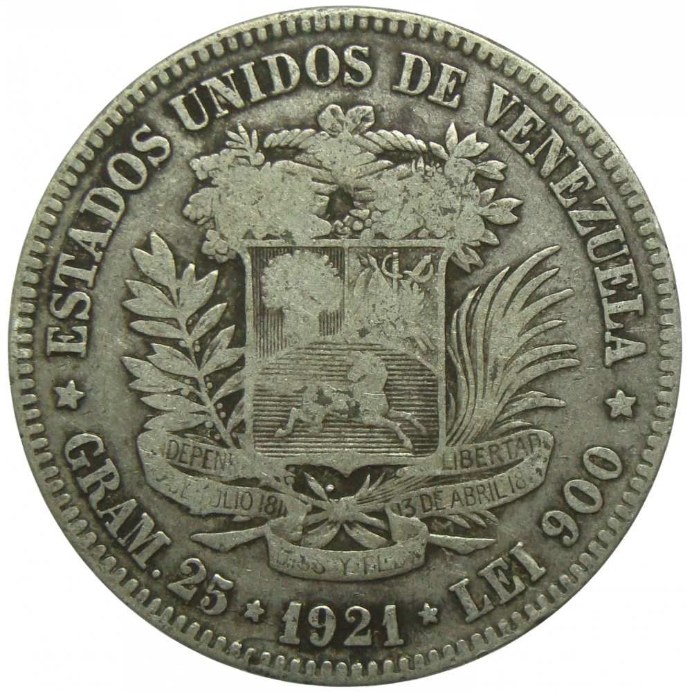 Moneda Plata 5 Bolivares 1921 Fecha Ancha - Numisfila