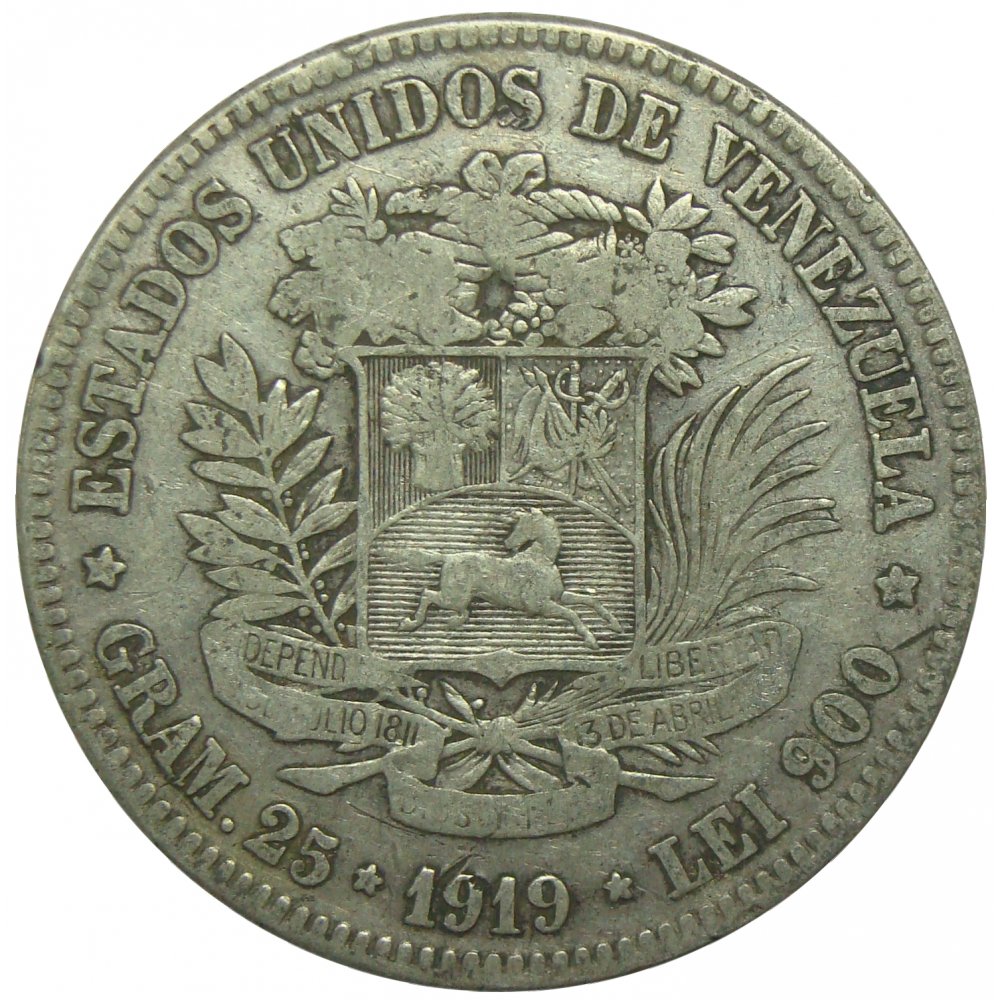 Moneda Plata 5 Bolivares Fuerte 1919 - Numisfila