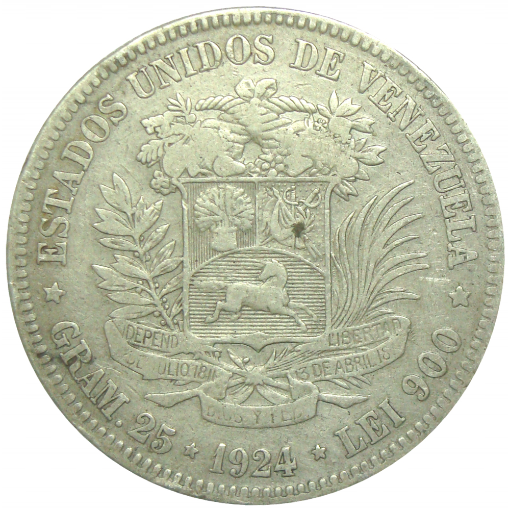 Moneda 5 Bs 1924 Fecha Angosta Fuerte de Plata  - Numisfila