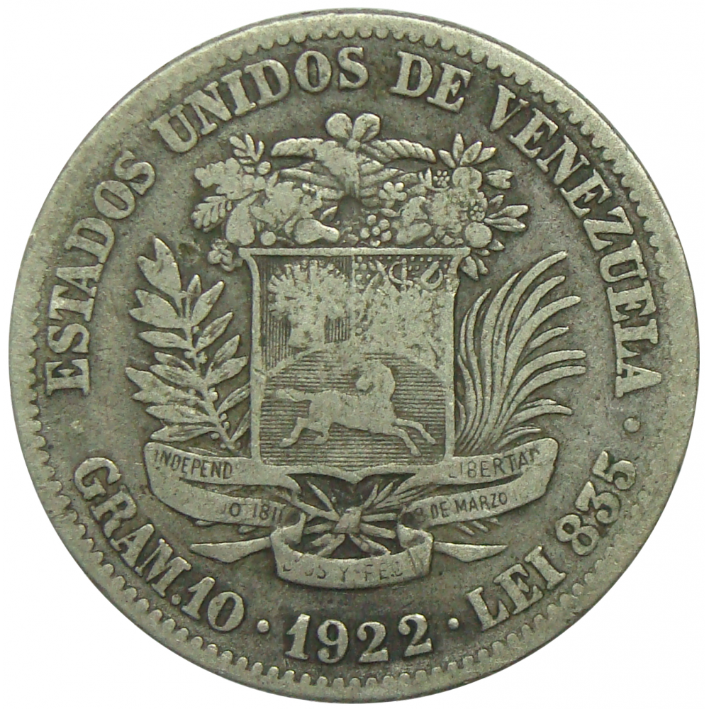 Moneda Plata 2 Bolivares 1922 Último 2 Alto - Numisfila