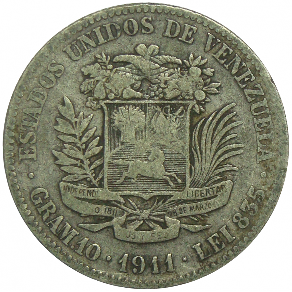 Moneda 2 Bolivares 1911 Último 1 Alto  - Numisfila