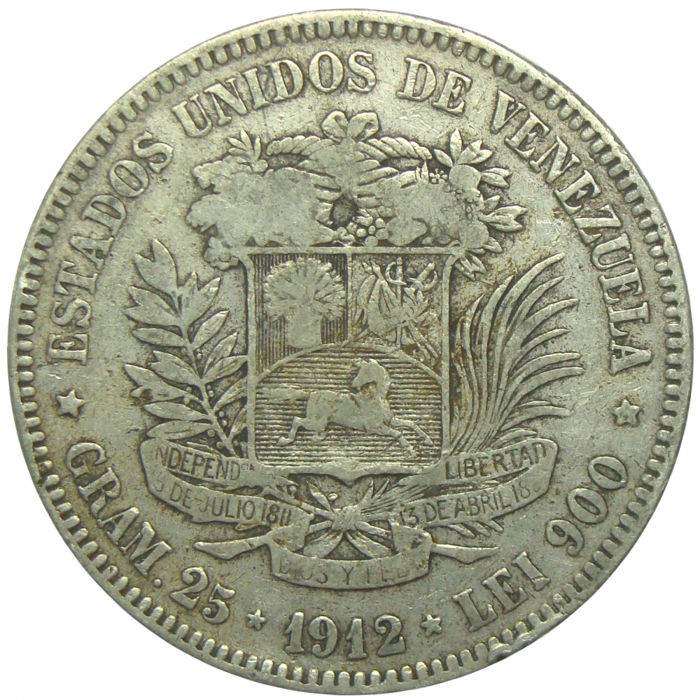 Moneda Plata 5 Bs Fuerte 1912 Fecha Ancha  - Numisfila