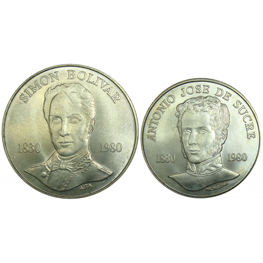 Pareja Bolivar y Sucre 1980 Monedas 100 y 75 Bolivares  - Numisfila