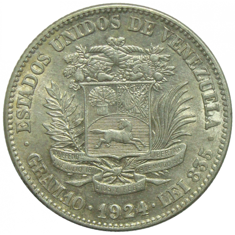 Moneda Plata 2 Bolivares 1924 Fecha Ancha  - Numisfila