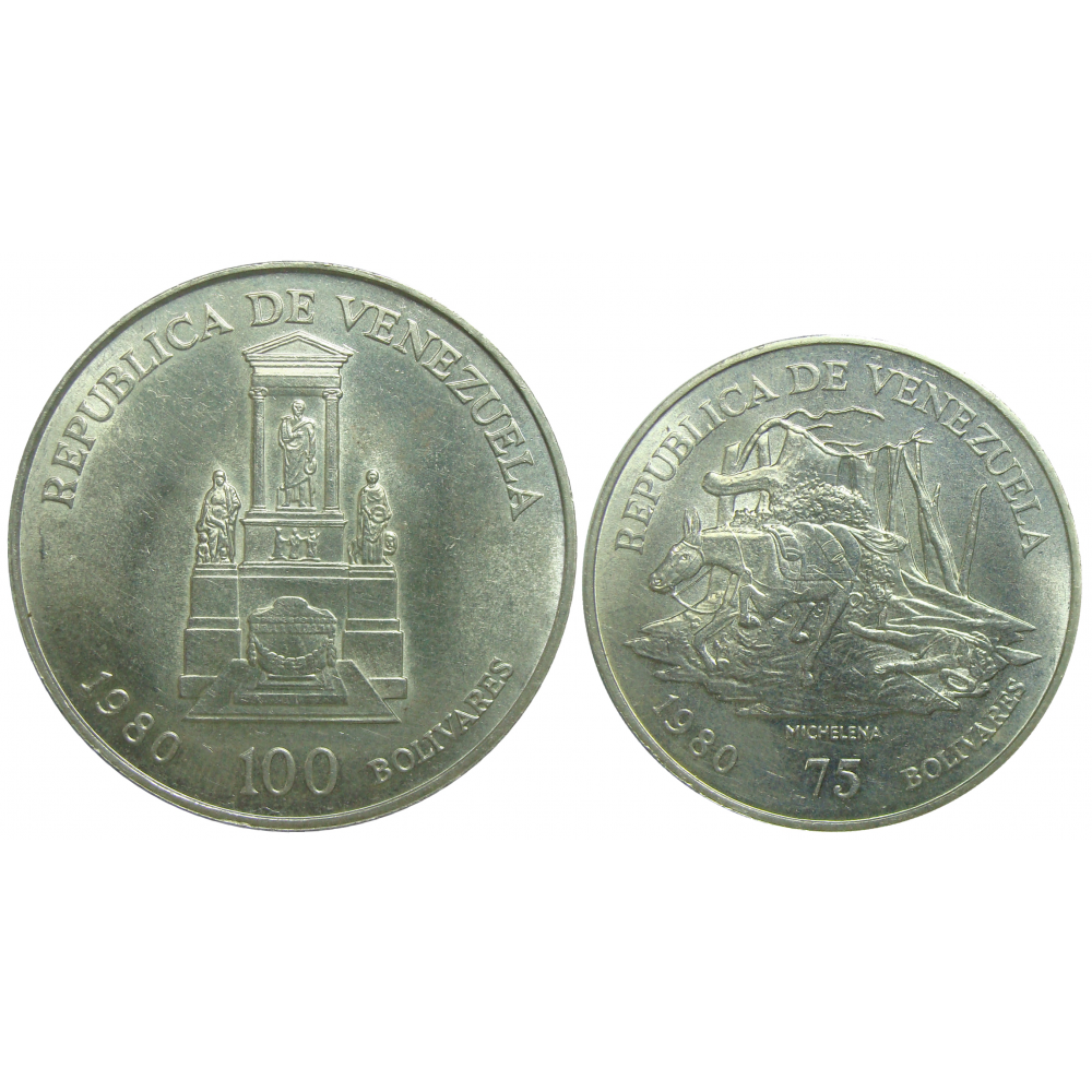 Pareja Bolivar y Sucre 1980 Monedas 100 y 75 Bolivares  - Numisfila