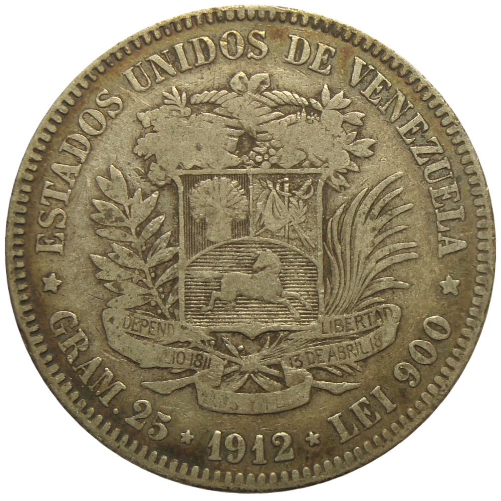 Moneda Plata 5 Bs Fuerte 1912 Fecha Ancha - Numisfila