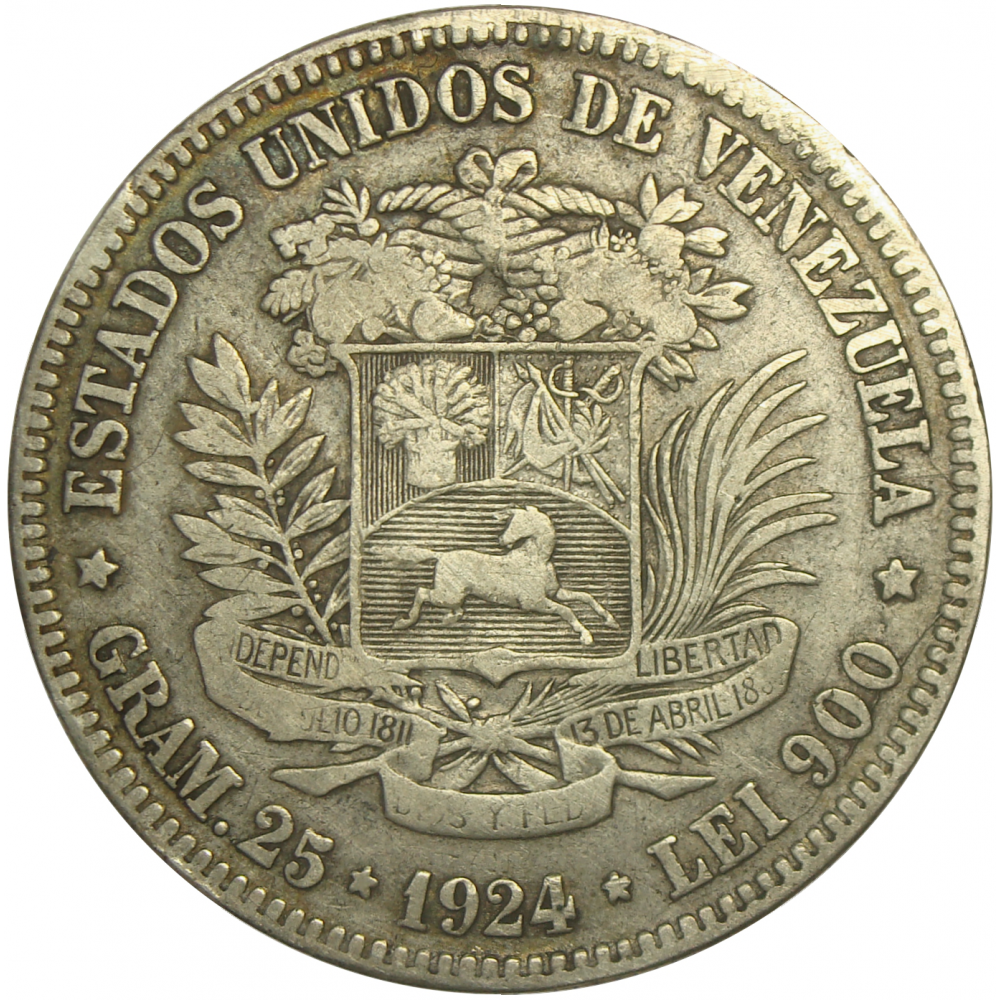 Moneda Plata 5 Bolivares Fuerte 1924 - Numisfila
