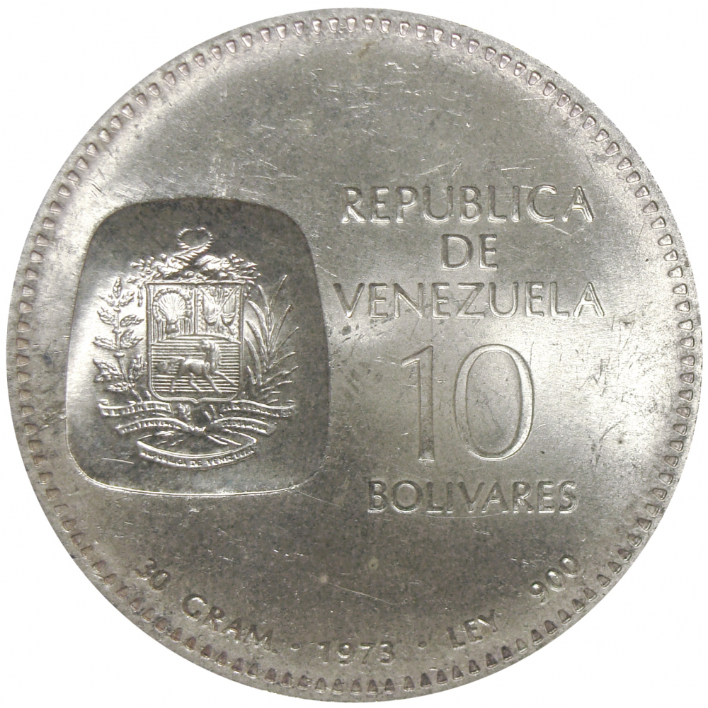 Moneda 10 Bolivares Doblon 1973 Canto al Derecho  - Numisfila