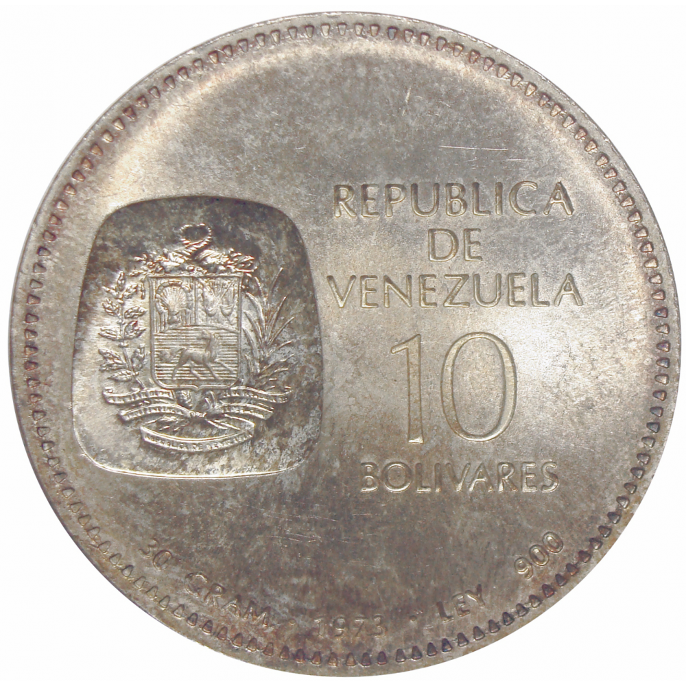 Moneda 10 Bolívares Doblón 1973  Canto Al Derecho  - Numisfila