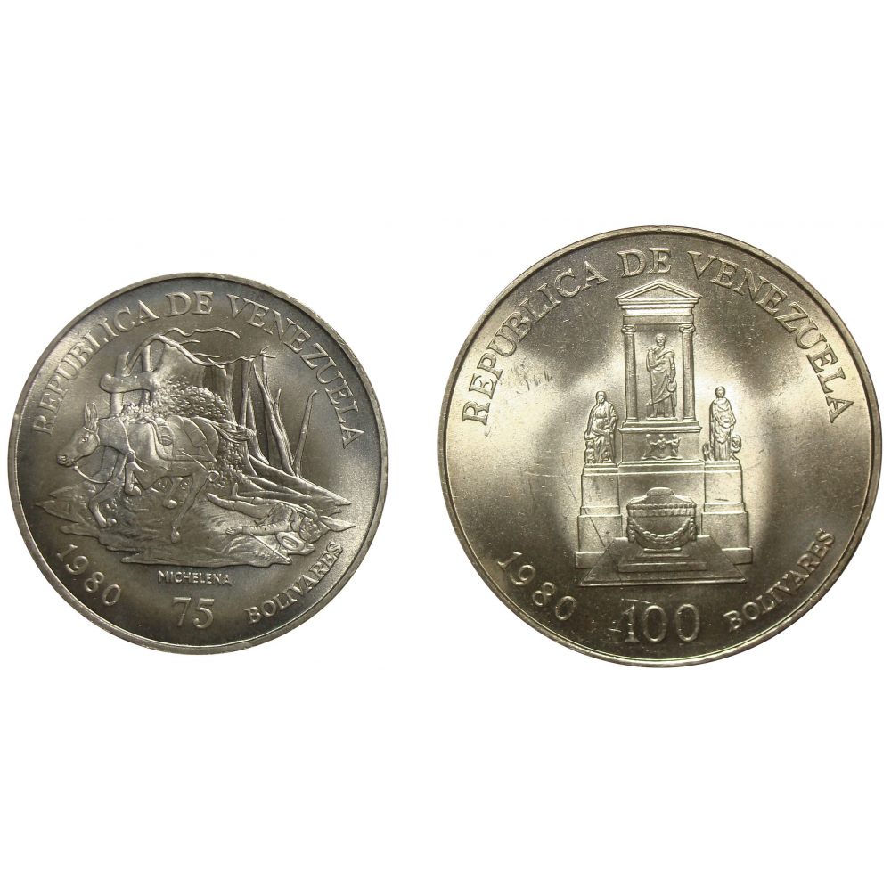 Pareja Bolívar y Sucre 1980 Monedas 100 y 75 Bolívares  - Numisfila