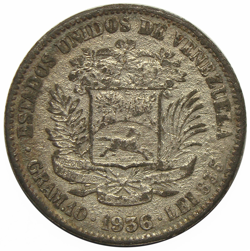 Falsa Moneda de Metal Plateado de 2 Bolívares 1936 - Numisfila