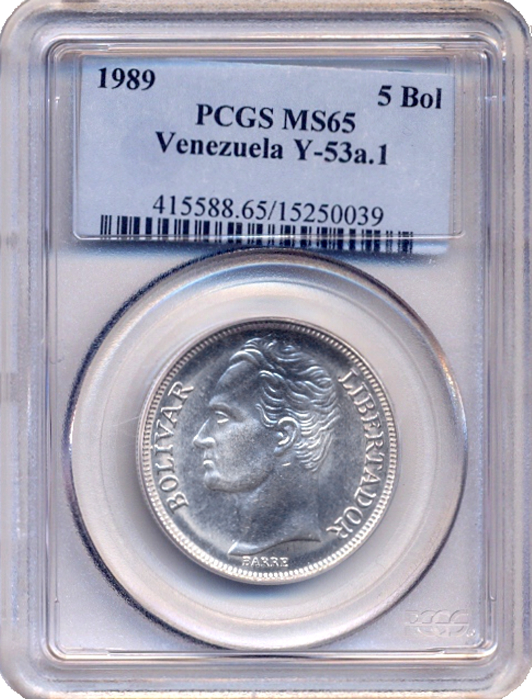 Moneda 5 Bolívares 1989 Cápsula PCGS MS65 Acabado mate - Numisfila