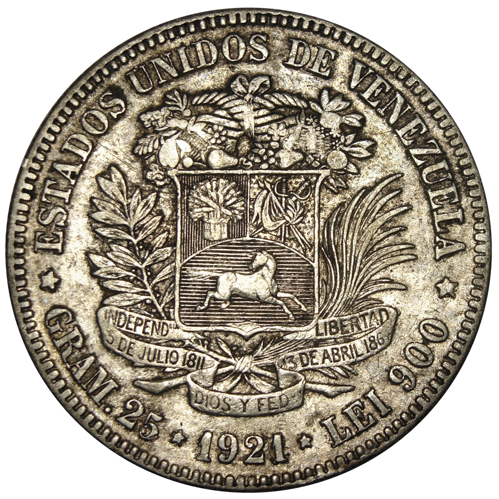 Fuerte Moneda de Plata 5 Bolivares 1921 Fecha Ancha  - Numisfila