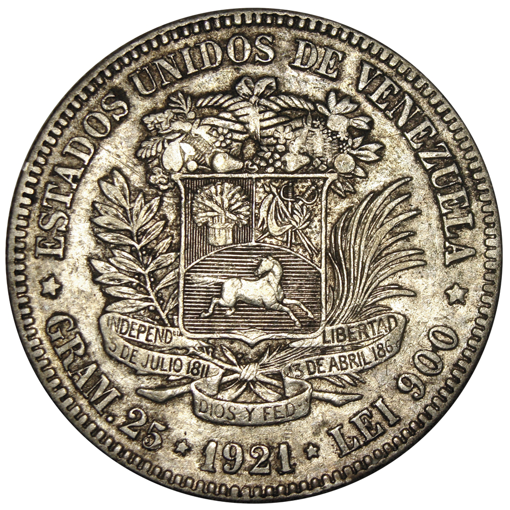 Fuerte Moneda de Plata 5 Bolivares 1921 Fecha Ancha - Numisfila