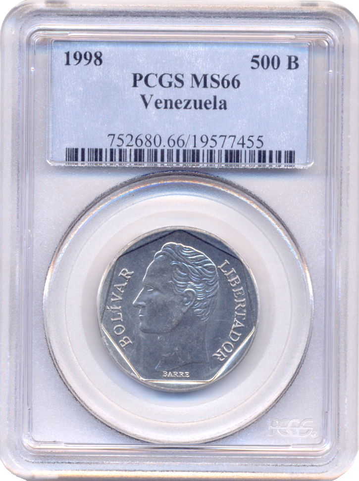 Moneda 500 Bolívares 1998 Cápsula PCGS MS66  - Numisfila