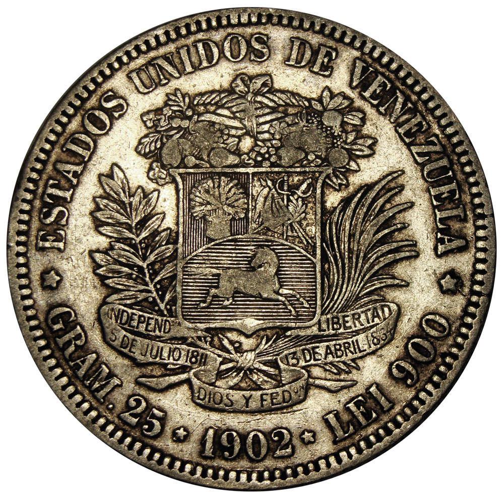Moneda 5 Bolivares Fuerte 1902 Fecha Ancha  - Numisfila