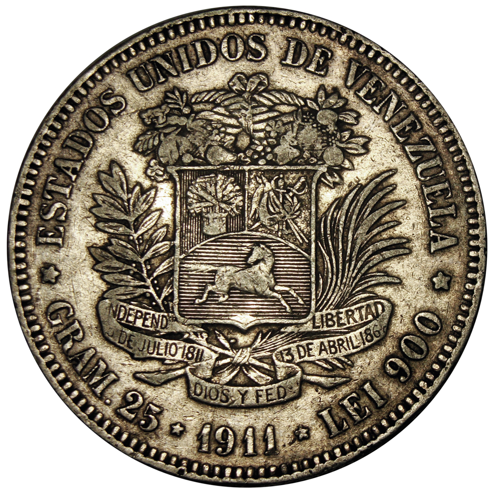 Moneda Plata 5 Bolivares Fuerte 1911 Fecha Ancha  - Numisfila