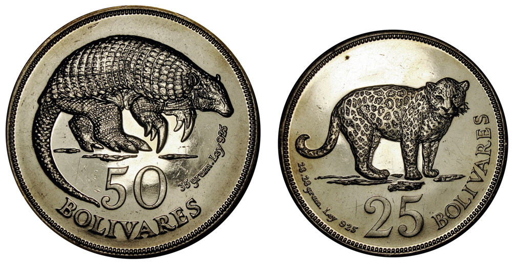 Pareja Cachicamo y Jaguar 1975 Monedas 50 y 25 Bolívares  - Numisfila