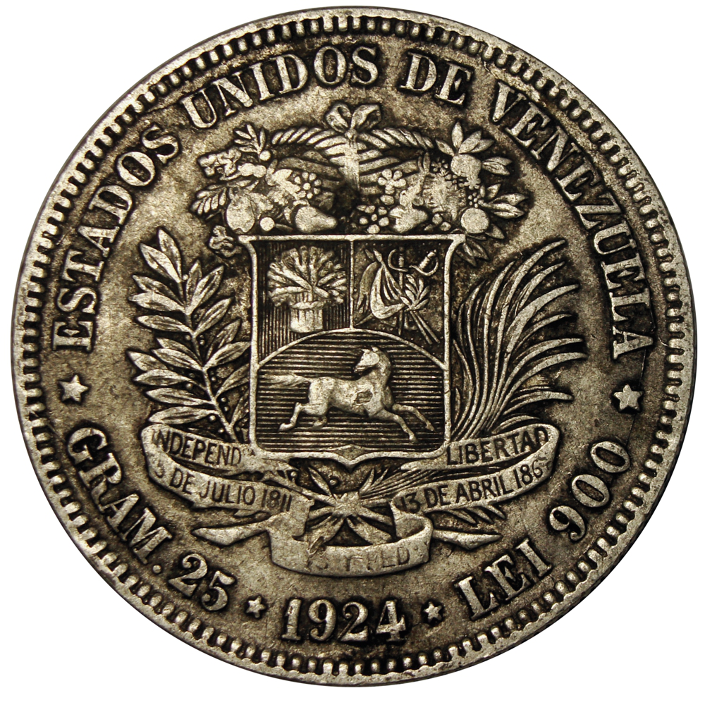 5 Bolívares 1924 Variante 9 Alto Fuerte Moneda de Plata  - Numisfila