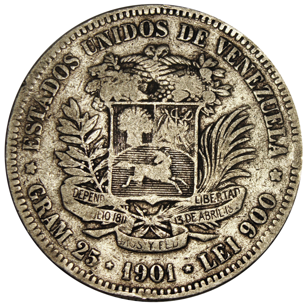 Fuerte 1901 Moneda de Plata 5 Bolívares  - Numisfila