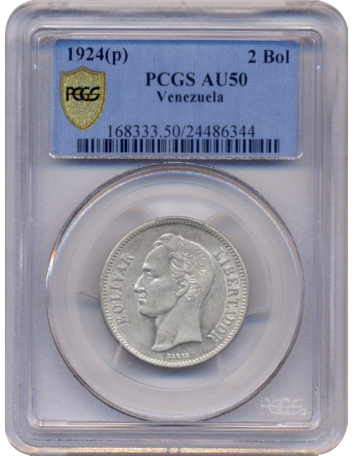 Moneda Plata 2 Bolívares 1924 PCGS AU50 - Numisfila