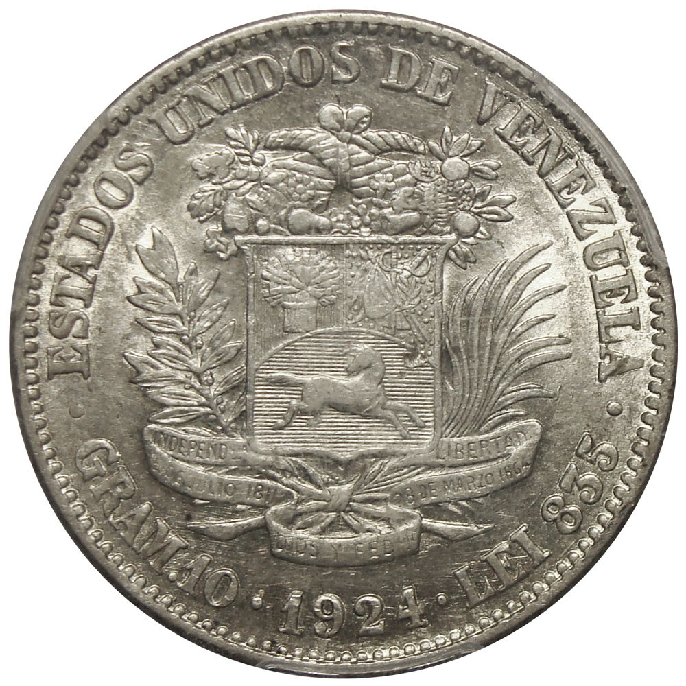 Moneda Plata 2 Bolívares 1924 PCGS AU50  - Numisfila