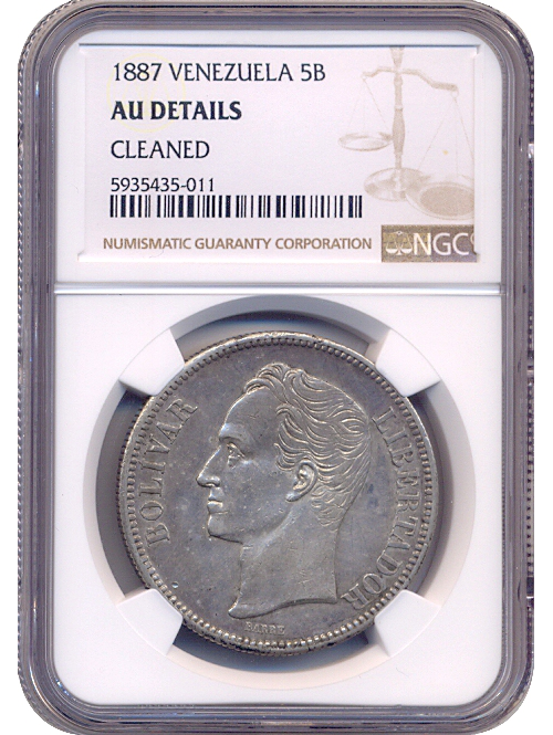 Moneda de Plata 5 Bolivares 1887 NGC AU DETAILS - Numisfila