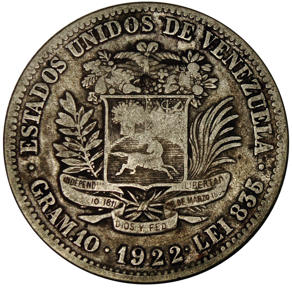 2 Bolívares 1922 Variante "19", "92" y "22" separados, dígitos "92" bajos, último "2" alto Moneda de Plata  - Numisfila
