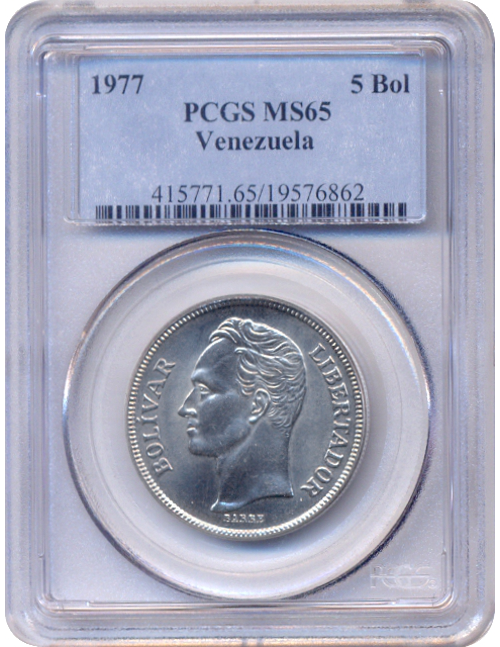 Moneda 5 Bolívares 1977 PCGS MS 65  - Numisfila