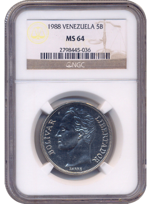 Moneda 5 Bolívares 1988 Cápsula NGC MS 64  - Numisfila