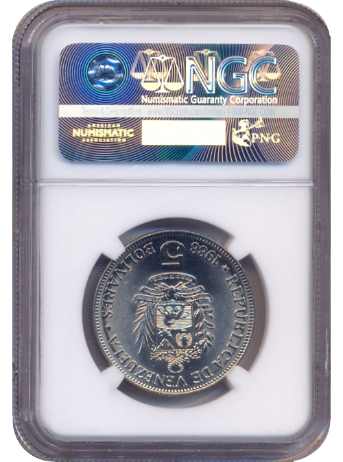 Moneda 5 Bolívares 1988 Cápsula NGC MS 64  - Numisfila