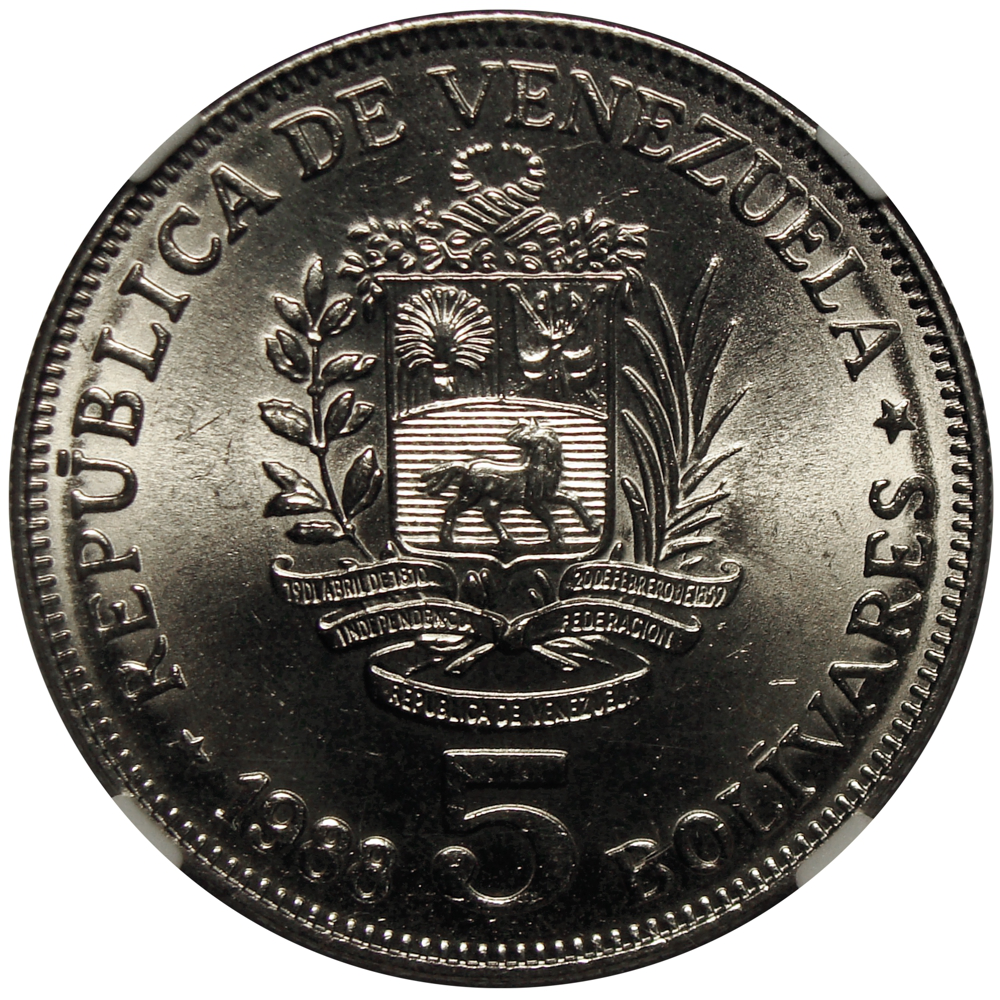 Moneda 5 Bolívares 1988 Cápsula NGC MS 64  - Numisfila