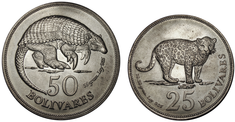 Cachicamo y Jaguar 1975 Monedas 50 y 25 Bolívares Pareja de Fauna  - Numisfila