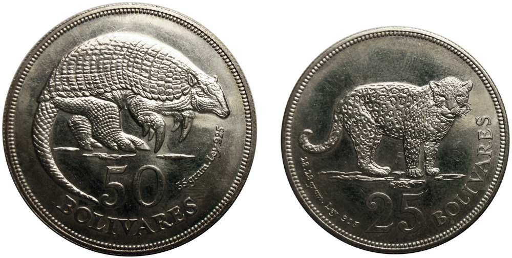 Cachicamo y Jaguar 1975 Monedas 50 y 25 Bolívares Pareja de Fauna - Numisfila