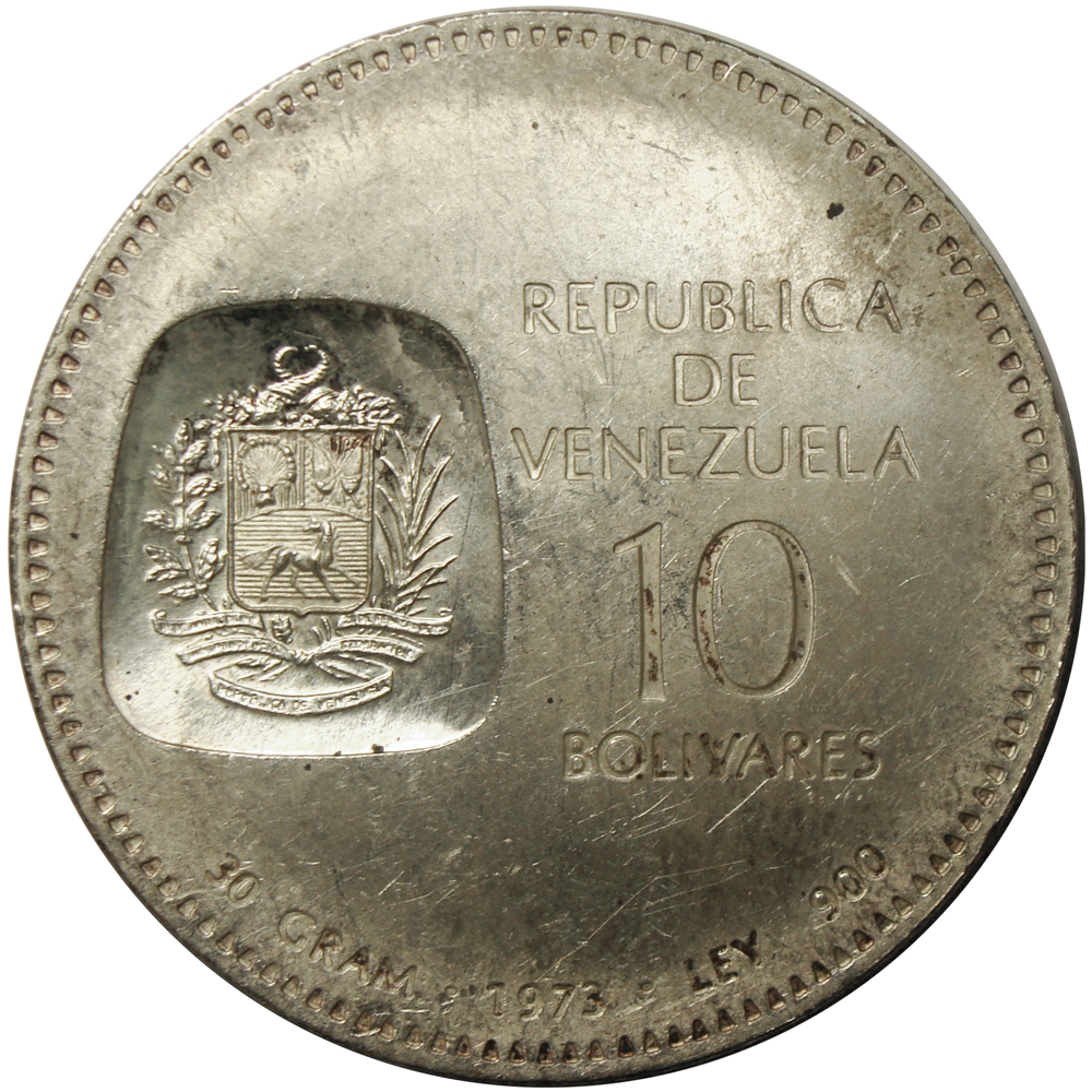 Moneda 10 Bolívares 1973 Canto Invertido Doblón  - Numisfila