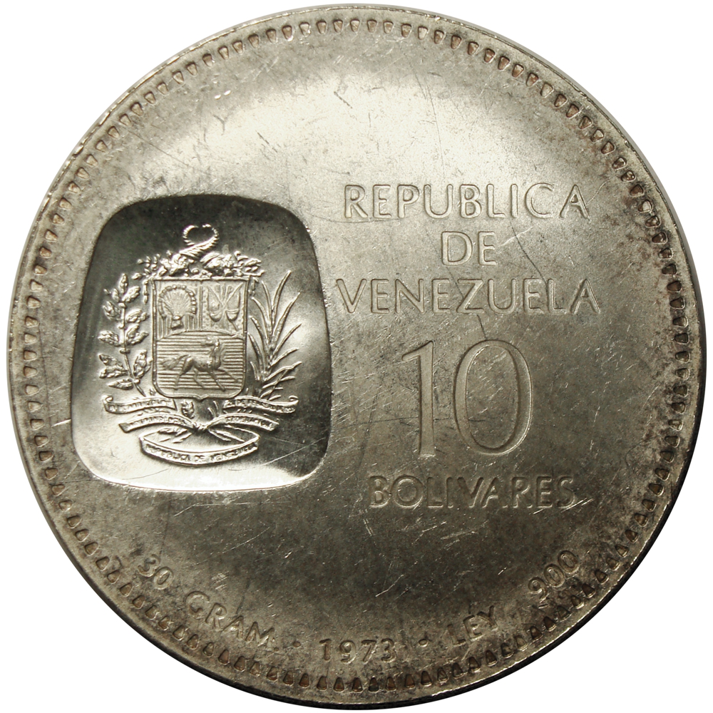 Moneda 10 Bolívares 1973 Canto Invertido Doblón  - Numisfila