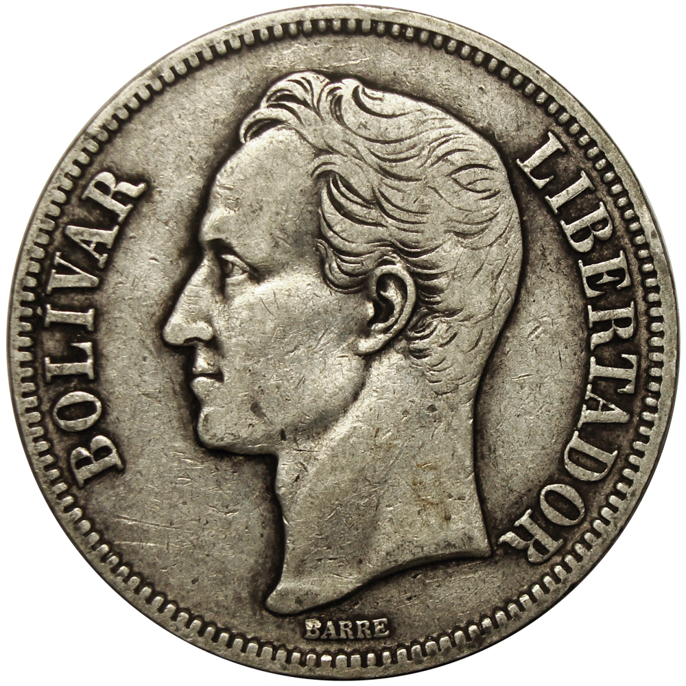 Moneda de Plata 5 Bolívares Fuerte 1924 Fecha Ancha  - Numisfila