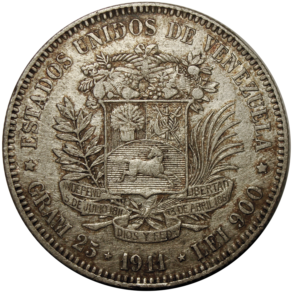 Fuerte Moneda Plata 5 Bolivares 1911 Fecha Ancha - Numisfila