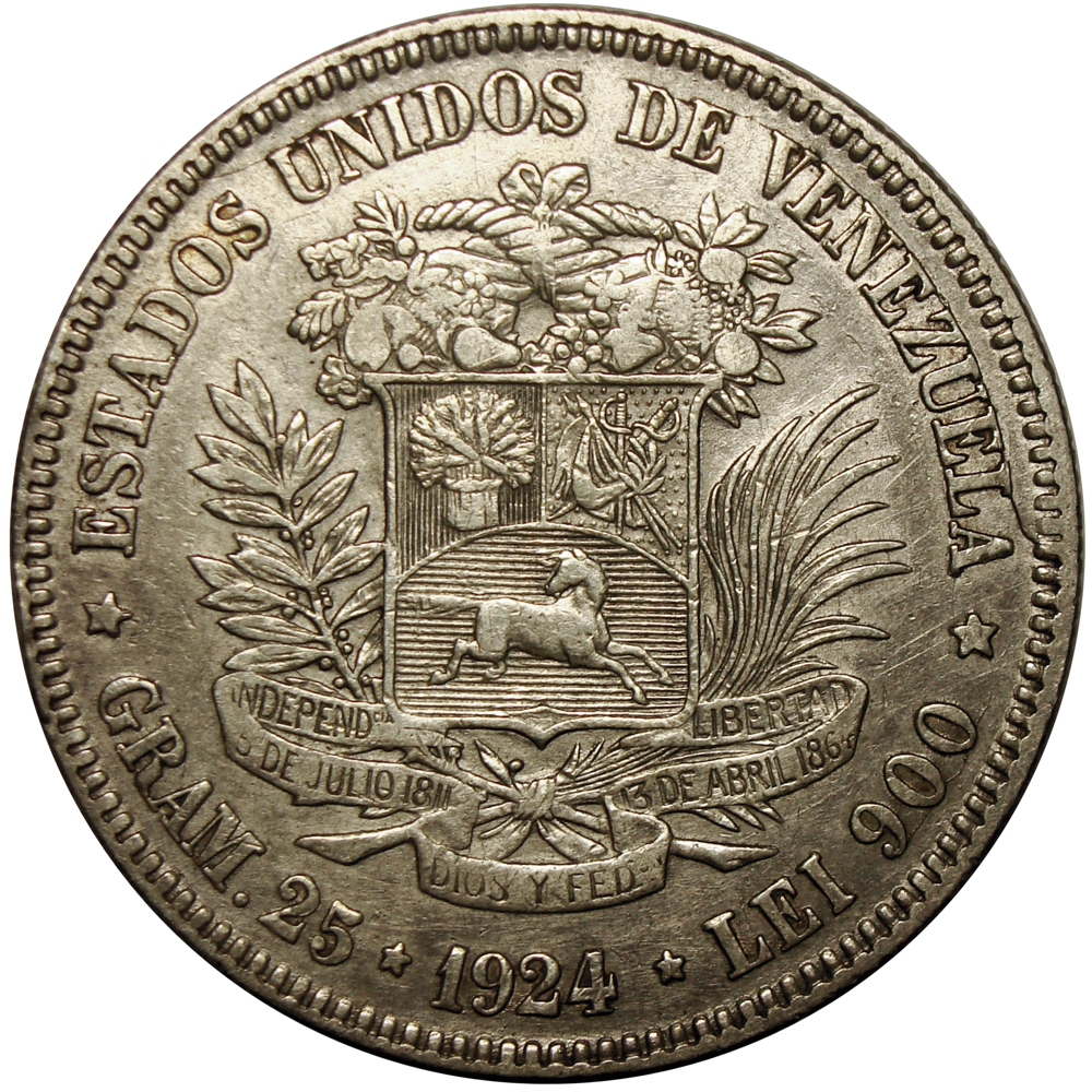 Moneda de Plata 5 Bolivares Fuerte 1924 Variante "24" Altos - Numisfila