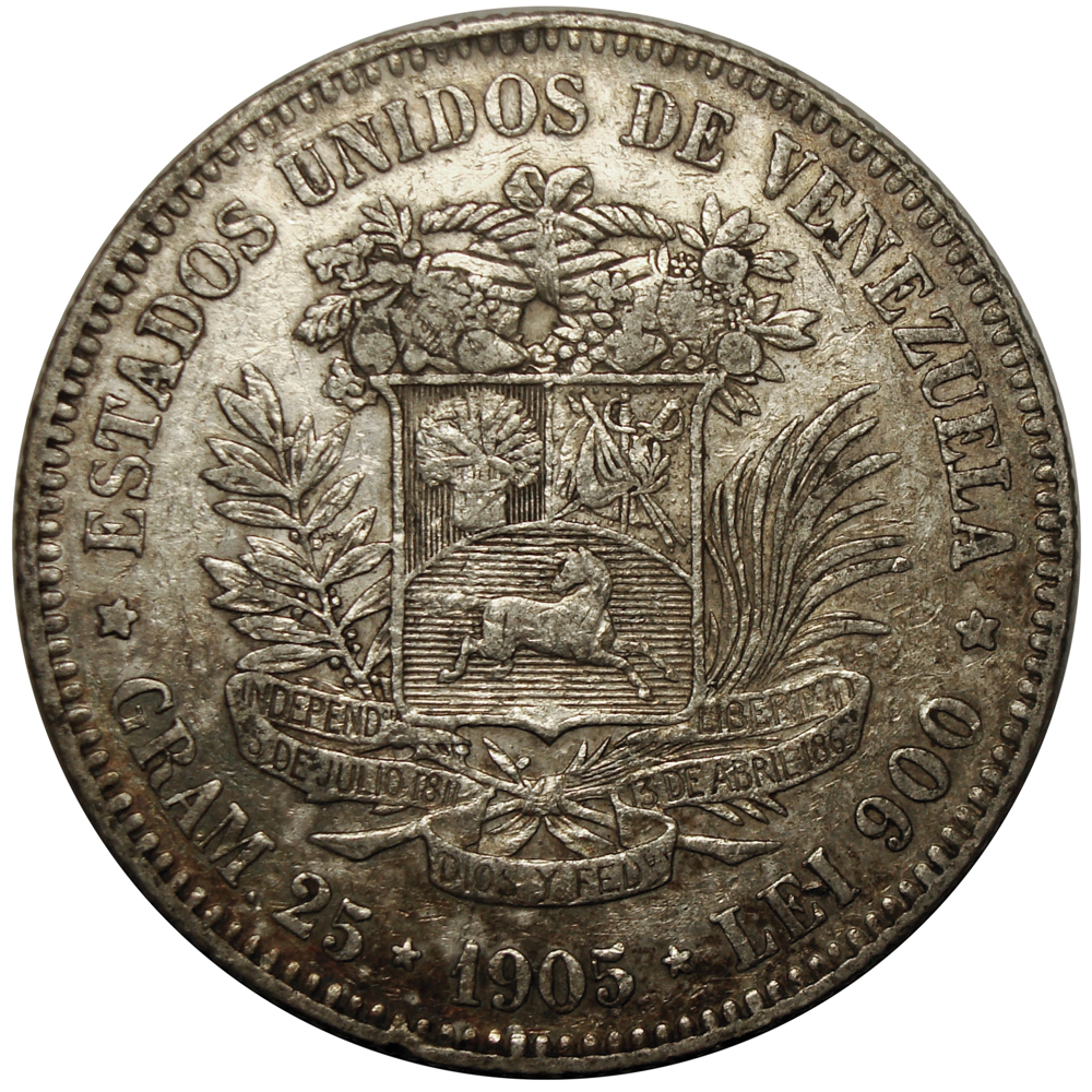 Moneda de Plata 5 Bolivares Fuerte 1905 - Numisfila
