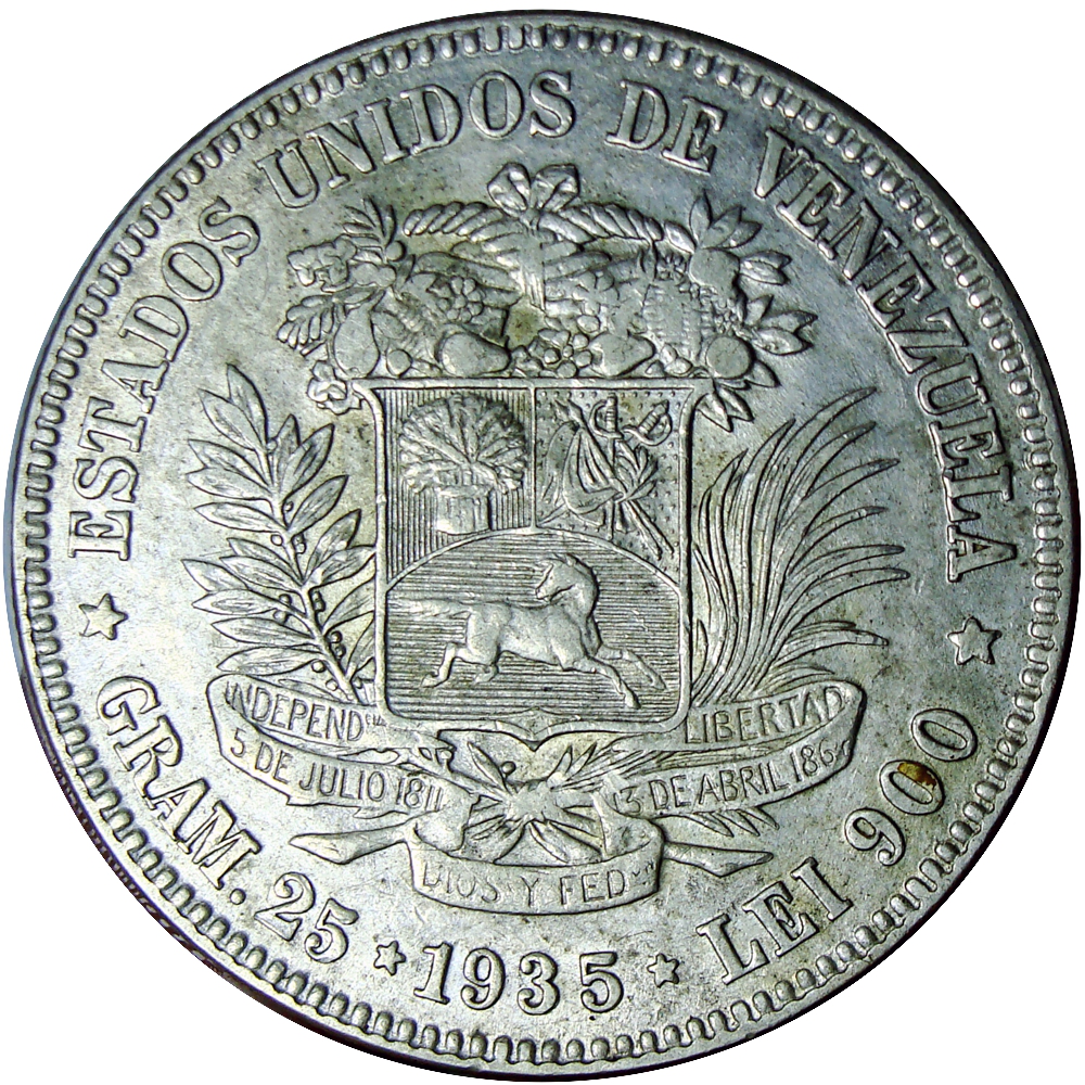 Moneda de Plata 5 Bolívares - Fuerte 1935 Excelente - Numisfila