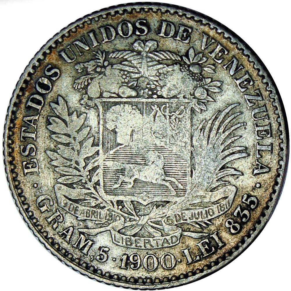 Escaso 1 Bolívar 1900 Moneda de Plata - Numisfila