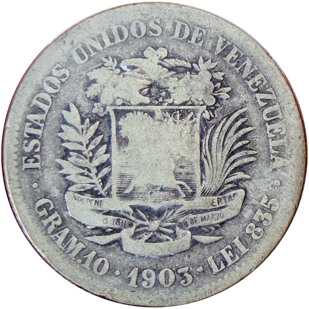Moneda de Plata 2 Bolívares 1903 - Variante 3 Bajo e Inclinado - Numisfila