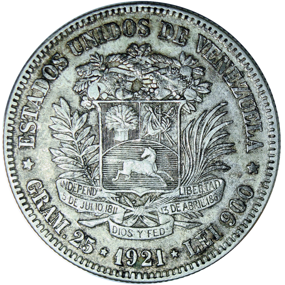 Fuerte Moneda de Plata 5 Bolívares 1921 Fecha Ancha  - Numisfila