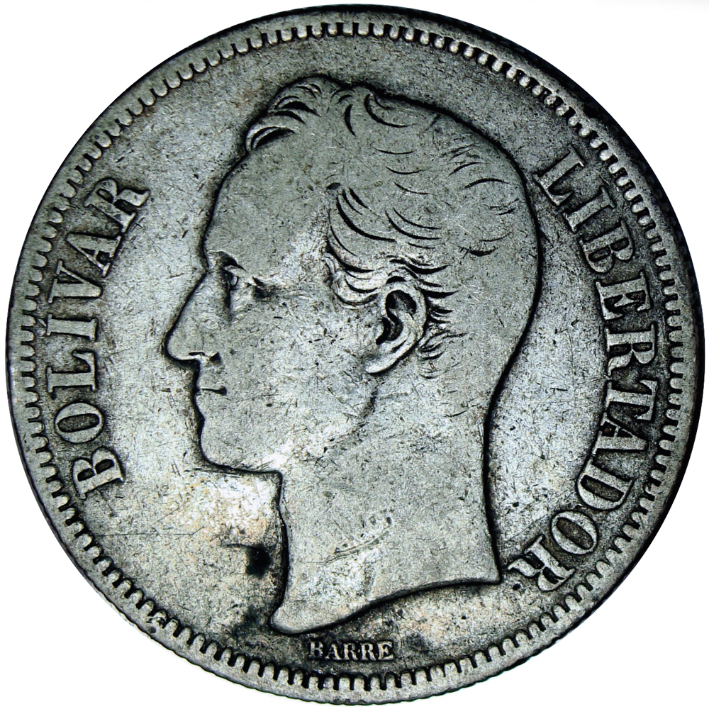 Fuerte Moneda de Plata 5 Bolívares 1886 2do "8" Bajo  - Numisfila
