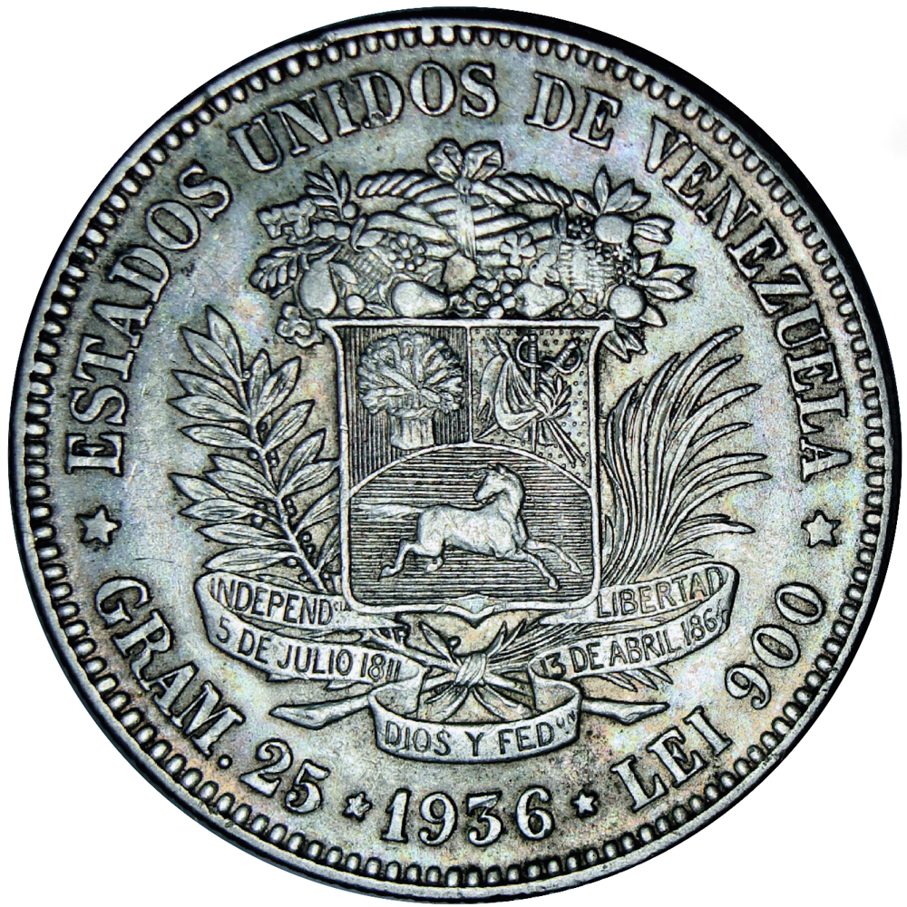 Moneda de Plata 5 Bolívares Fuerte 1936 Ancho  - Numisfila