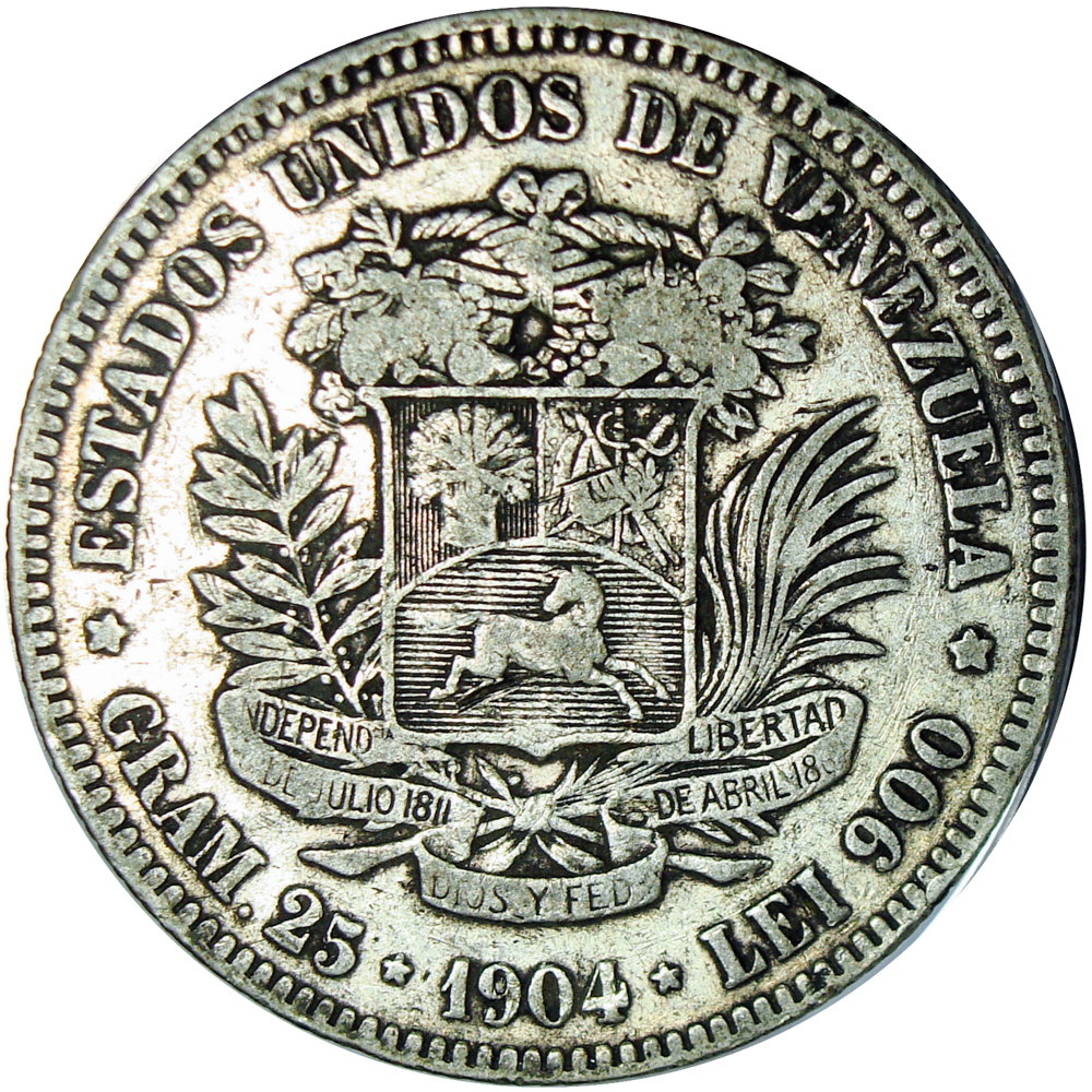 Moneda de Plata 5 Bolívares - Difícil Fuerte 1904  - Numisfila