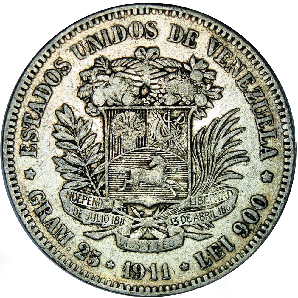 Moneda de Plata 5 Bolívares Fuerte 1911 Fecha Angosta - Numisfila