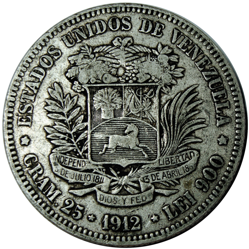 Fuerte Moneda de Plata 5 Bolívares 1912 Fecha Normal - Numisfila